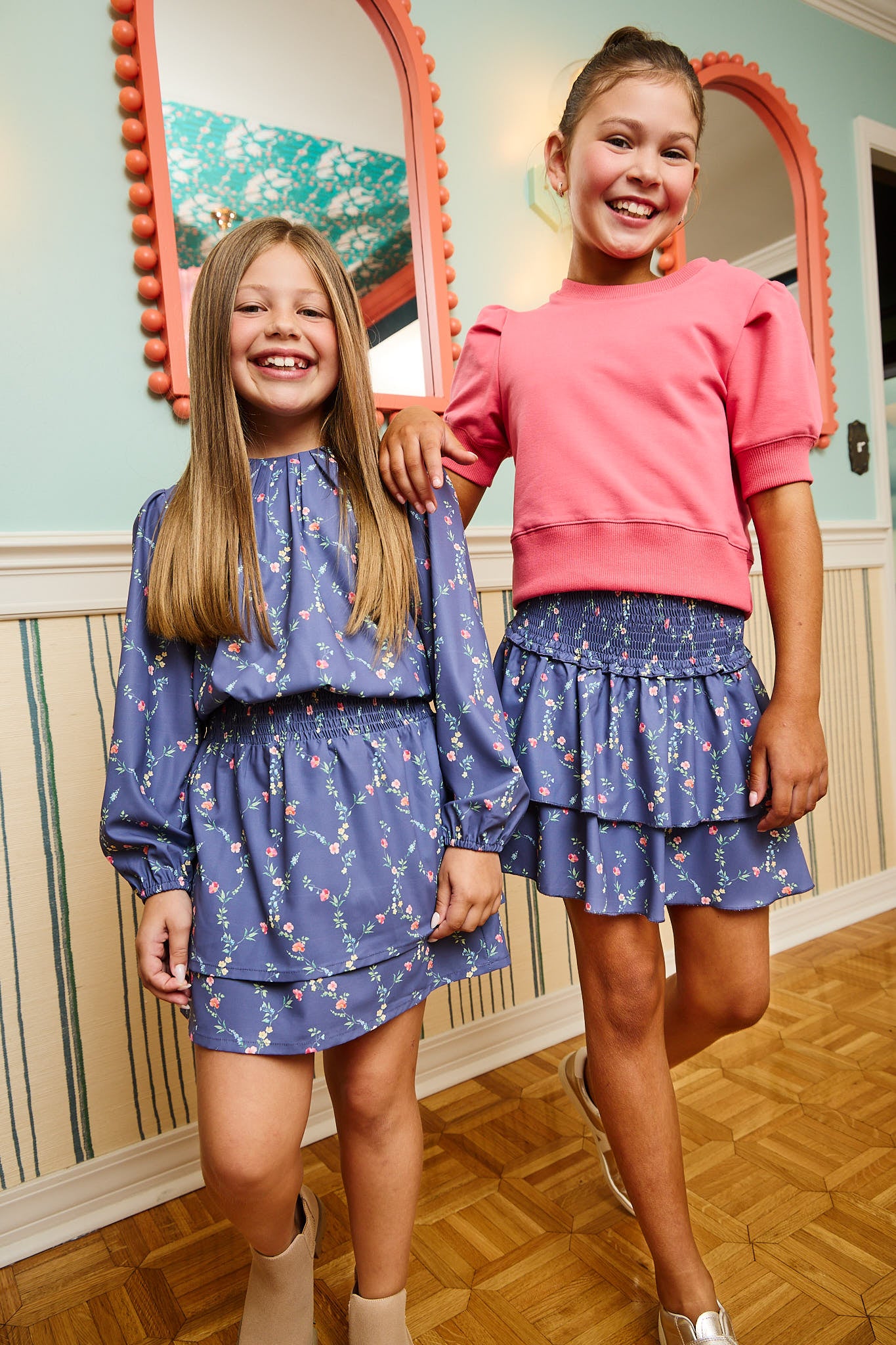 Riley Sweatshirt Coral and Scottie Skirt Navy Vines